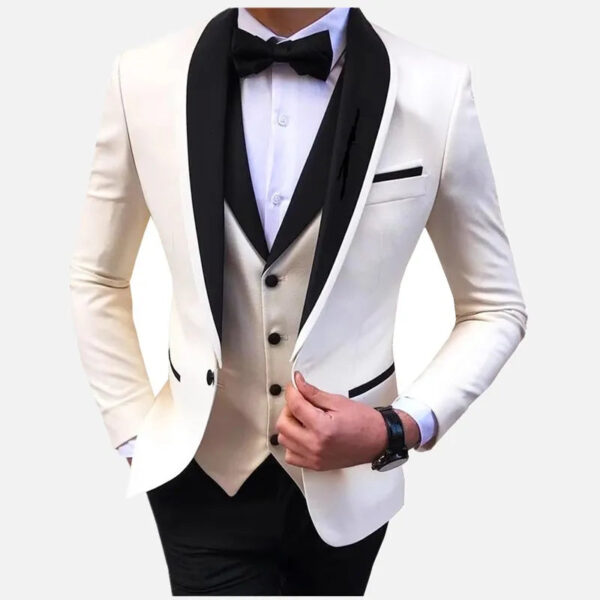 S45a7c9cb87d943da8a1f703f0813aeecQ.jpg White Slit Mens Suits 3 Piece Black Shawl Lapel Casual Groom Tuxedos for Wedding Groomsmen Suits Men 2025 (Blazer+Vest+Pant)