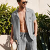 S45ead2cba907467a885f8236a662de666.jpg Summer Cotton Linen Shirt Set Men's Casual Outdoor 2-Piece Suit Andhome Clothes Pajamas Comfy Breathable Beach Short Sleeve Sets