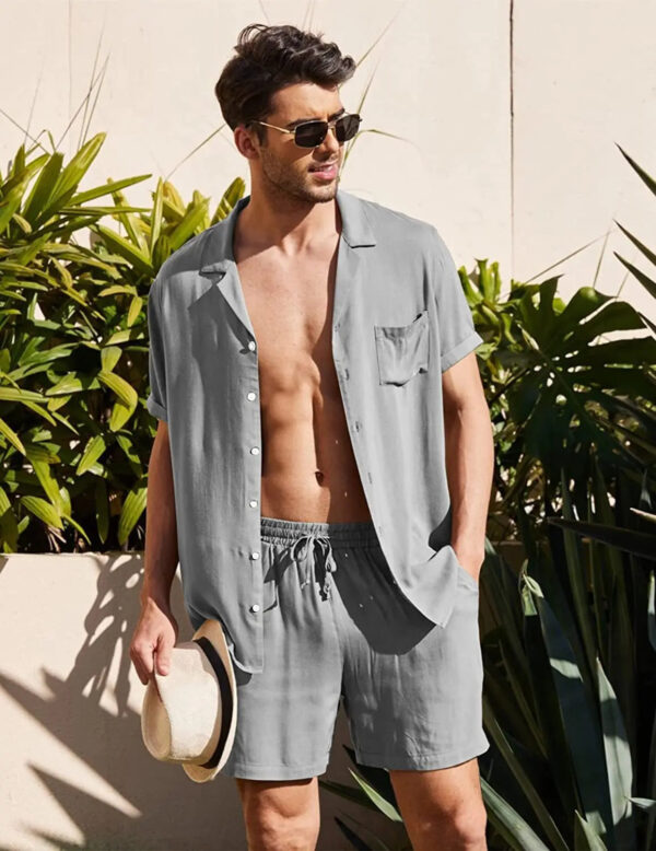 S45ead2cba907467a885f8236a662de666.jpg Summer Cotton Linen Shirt Set Men's Casual Outdoor 2-Piece Suit Andhome Clothes Pajamas Comfy Breathable Beach Short Sleeve Sets