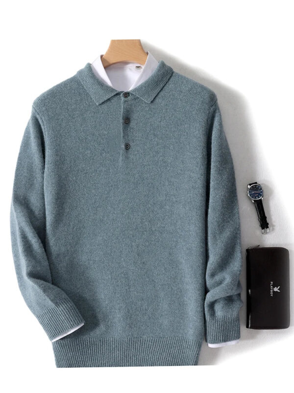 S460ef9416de245fb98b29b595cc23737F.jpg New Men's POLO Collar Sweater Autumn Winter Thick Long Sleeve Business Pullovers 100% Merino Wool Knitwear Shirt Basic Clothes