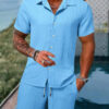 S462215b348b74197ae1534d61e3ca18eP.jpg Spring And Summer New Sports Men's Polo Casual Solid Color Loose Short-sleeved Drawstring Shorts Cardigan Striped Sports Suit