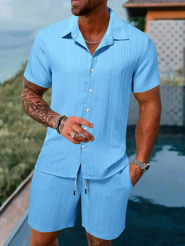 S462215b348b74197ae1534d61e3ca18eP.jpg Spring And Summer New Sports Men's Polo Casual Solid Color Loose Short-sleeved Drawstring Shorts Cardigan Striped Sports Suit