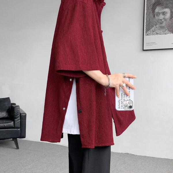 Wine Red Side Buttons Pleated Shirt Black Apricot Harajuku Button Up Korean Short Sleeve Aesthetic Male Shirts Men Blouse