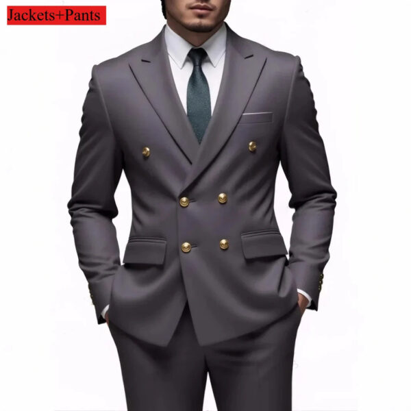 Men Double Breasted Suit Black Slim Fit High Quality Wedding Costume Party Prom Gold Button Male Suits