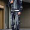 Men's spring and autumn denim suit, multi - pocket design, wide straight - leg pants style