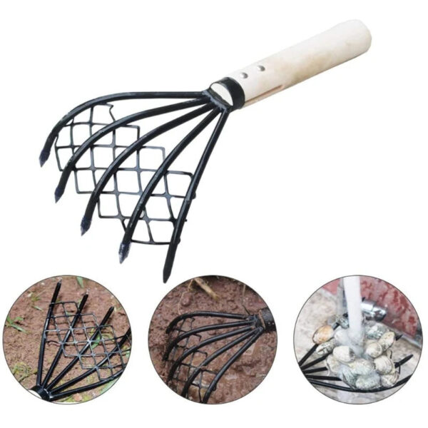 Sturdy Compact Claw Rake with Mesh Net 5-Tine Clamming Claws Long Handled for Shell Clam Digger 15 Inch Hand Rake