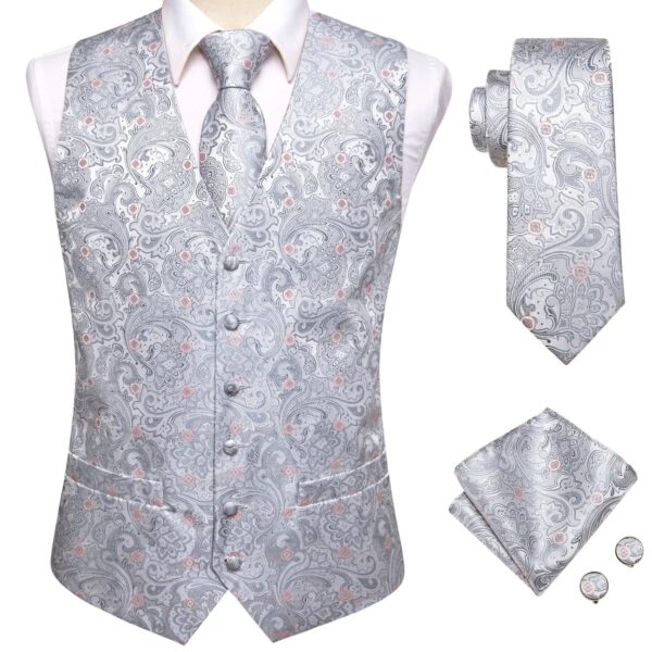 Wedding Purple Men Vest Paisley Floral Necktie Handkerchief Cufflinks Sets Blue Green Red Male Sleeveless V-Neck Waistcoat Party