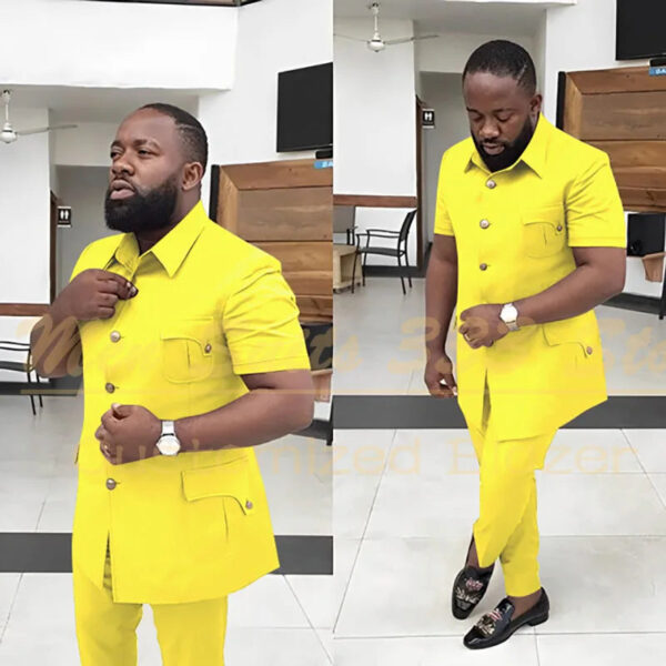 S493dff58b9dd43d4843cf2e68f9a3add4.jpg Summer Men's Suits Solid Color Short Sleeve Single Breasted Stand Lapel Casual Outfits 2 Piece Jacket Pants Set Slim Fit Terno