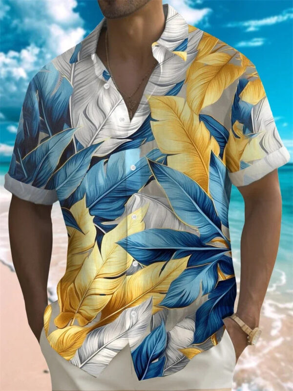 Summer Men's Shirt 3D Print Colorful Feather Short Sleeve Turndown Hawaiian Shirt Button Up Shirts No Pockets Shirts for Women