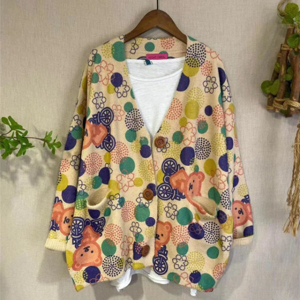S4aca2e1a3fa74037b110740fdc6bb5b7w.jpg Women Loose Sweater Ladies Colorful Patchwork V neck Jacket Knitted Outerwear Knit Tops Female Spring Autumn Sweater 2023