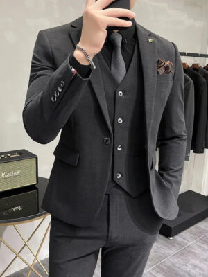 ( Jacket + Vest + Pants ) High-end Brand Boutique Fashion Solid Color Mens Casual Business Suit 3Piece Set Groom Wedding Dress