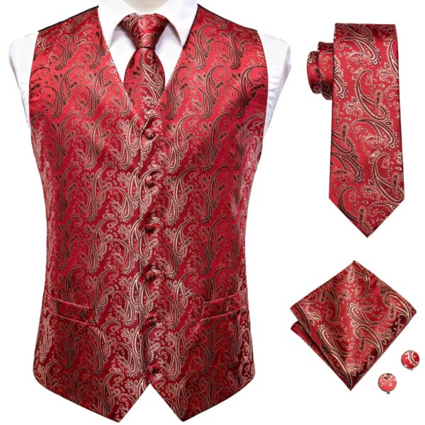 Wedding Purple Men Vest Paisley Floral Necktie Handkerchief Cufflinks Sets Blue Green Red Male Sleeveless V-Neck Waistcoat Party