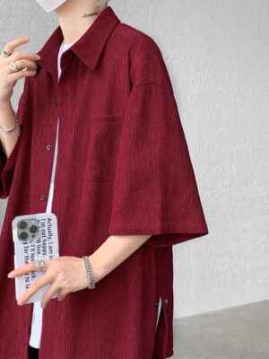 S4f57182e082940e5b86f50ead578d519c.jpg Wine Red Side Buttons Pleated Shirt Black Apricot Harajuku Button Up Korean Short Sleeve Aesthetic Male Shirts Men Blouse