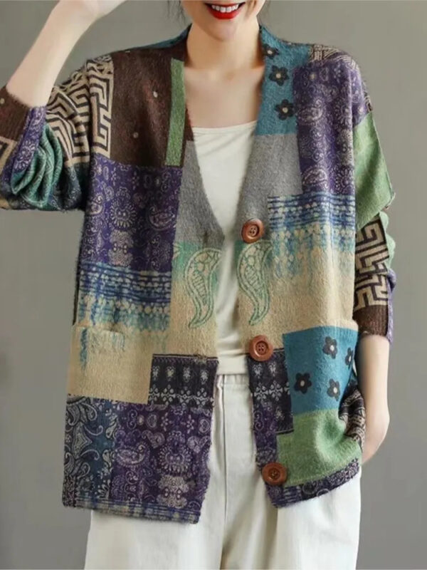 S4f7761f2f75d4c6c8e09b64ed7110fa0x.jpg Women Loose Sweater Ladies Colorful Patchwork V neck Jacket Knitted Outerwear Knit Tops Female Spring Autumn Sweater 2023