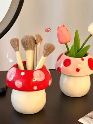 Cute Mushroom Ceramic Pen Container Series Suitable Makeup Brush Holder Office Supplies Desktop Creative Decoration
