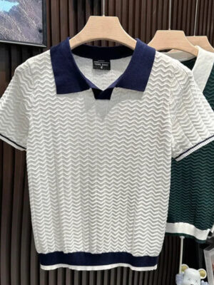 Lapel Ice Silk Polo Shirt Men's Contrasting Color Sweater Slim High-end Short Sleeves
