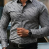 Men's shirt fashion geometric line print long sleeve shirt business office casual slim versatile daily outdoor commuting top