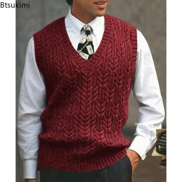 S5235bf0e46f9480e8a6de1a1e98538b66.jpg 2026 Men's Autumn Winter Warm Casual Knitted Sweater Vest Sleeveless V Neck Fleece Western Sweaters for Men Sueter Para Hombre