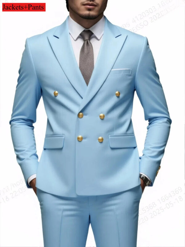 Men Double Breasted Suit Black Slim Fit High Quality Wedding Costume Party Prom Gold Button Male Suits