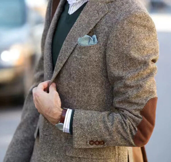 Vintage Winter Tweed Suits Brown Tweed Men Suits With Patch Design Costume Homme Smart Business Formal Wedding Suits 1 Pieces