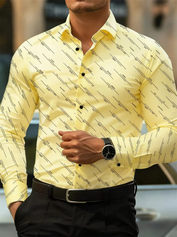 Men's shirt fashion geometric line print long sleeve shirt business office casual slim versatile daily outdoor commuting top