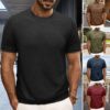S53b00d6160474f36ab43c2b32f742b85M.jpg British style Summer Solid Short Sleeve Knitted T-shirt Men Fashion O-Neck Stripe Slim Fit Tee High Quality Men Clothing