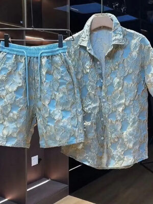 S542ebea4b6a54633a7b18ddc338bd50fK.jpg Ethnic Style Embossed Gold-hot Flower Short-sleeved Shirt and Shorts Two-piece Set Men Summer Loose Black Gold Shirt Set