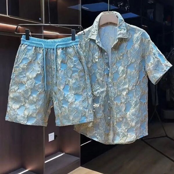 S542ebea4b6a54633a7b18ddc338bd50fK.jpg Ethnic Style Embossed Gold-hot Flower Short-sleeved Shirt and Shorts Two-piece Set Men Summer Loose Black Gold Shirt Set
