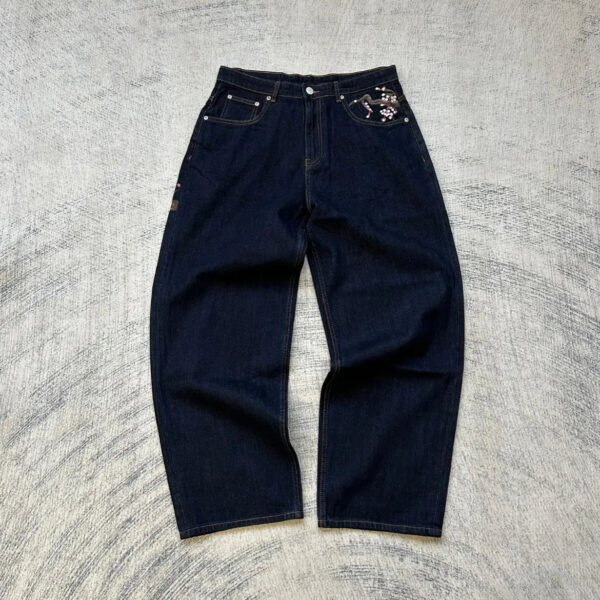 Hip Hop Cherry Blossom Embroidered Jeans Vintage Low Waist Wide Leg Trousers Y2K Clothes Mens Womes Embroidered Baggy Jeans