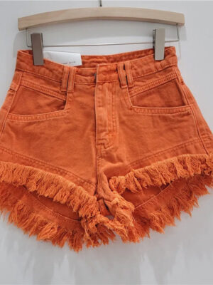 Orange Denim Shorts Women Green Hot Pants 2023 Summer Woman's Clothing All-Match Ins Fashion Wide-Leg Ripped Tassel Shorts