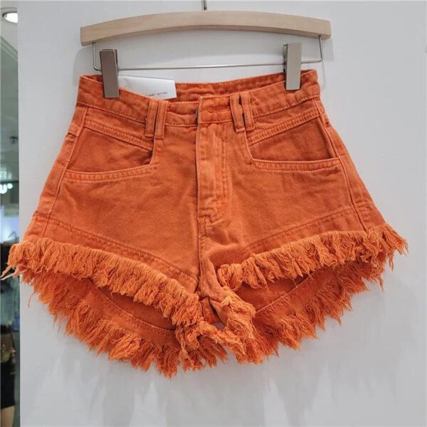 S5838f4c1039c4375920feceecc0d909by.jpg Orange Denim Shorts Women Green Hot Pants 2023 Summer Woman's Clothing All-Match Ins Fashion Wide-Leg Ripped Tassel Shorts