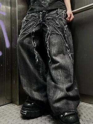 S58806e14120641dc811df10a7c0ae960K.jpg Gothic Retro Oversized Baggy Fit Unisex Mopping Pants Y2K Phantom Jeans High Street Spider Embroidered Patch Hip Hop Streetwear