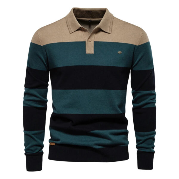 AIOPESON Mens Strip Cotton Button-up Polo Collar Sweater Knit Casual Business Sweaters for Men