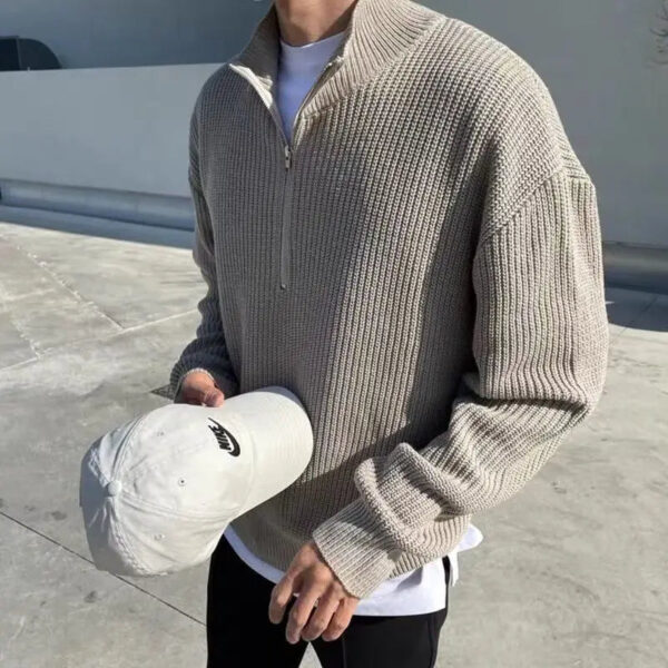 S5aa4b7be6274439396fe1444b3f81a192.jpg American Fashion Brand Design Korean Style Stand Collar Half Zipper Sweater Men's Temperament Versatile Knitted Sweater