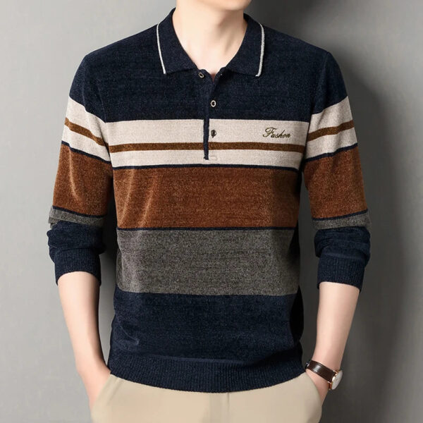 S5aaeb6ae6ade4ed6a45668afea0c9f26U.jpg Men's Lapel Sweater Fashion Striped Knitted Pullovers Autumn Winter Fleece Lined Knitwear Thickened Jumpers New Jersey