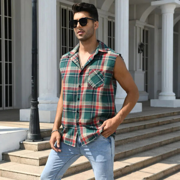 Men's Summer Fashion Casual Plaid Print Sleeveless T Shirt Vest Buckle Sanding 2023 Korean Style Mens Tank Tops Beach Vest