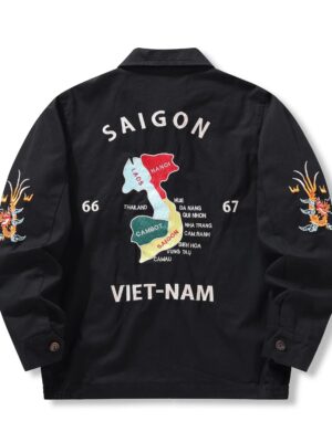 1960's Vietnam War Sukajan Vntage Tokyo Windbreaker Retro Bomber Work Tiger Japanese VIET-NAM Embroidery Map Souvenir Jacket Men