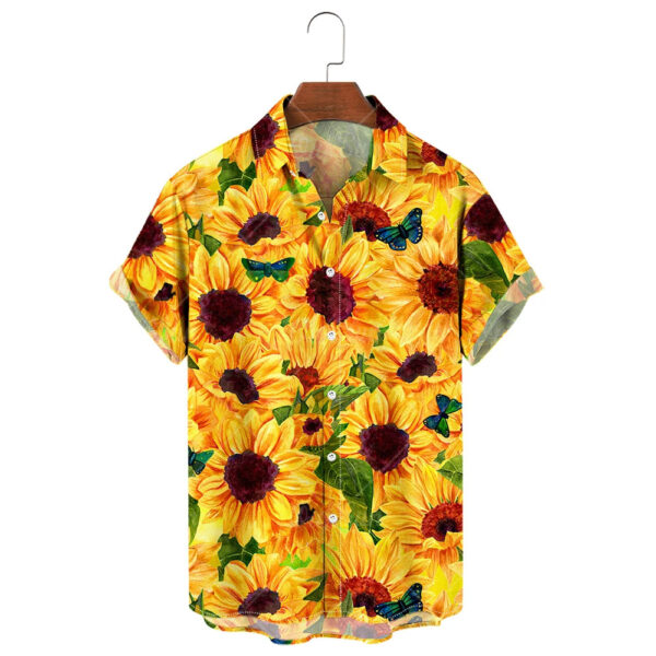 S5fda5858e7e645d28c3b962c5ebd952eA.jpg Men's Hawaiian Shirt, 3D Sunflower Print T-Shirt, Floral Single Row Button Lapel, Large 5XL, Casual Style, Beach To