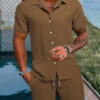 S6062330f09174800a374c52a36e6920eA.jpg Spring And Summer New Sports Men's Polo Casual Solid Color Loose Short-sleeved Drawstring Shorts Cardigan Striped Sports Suit