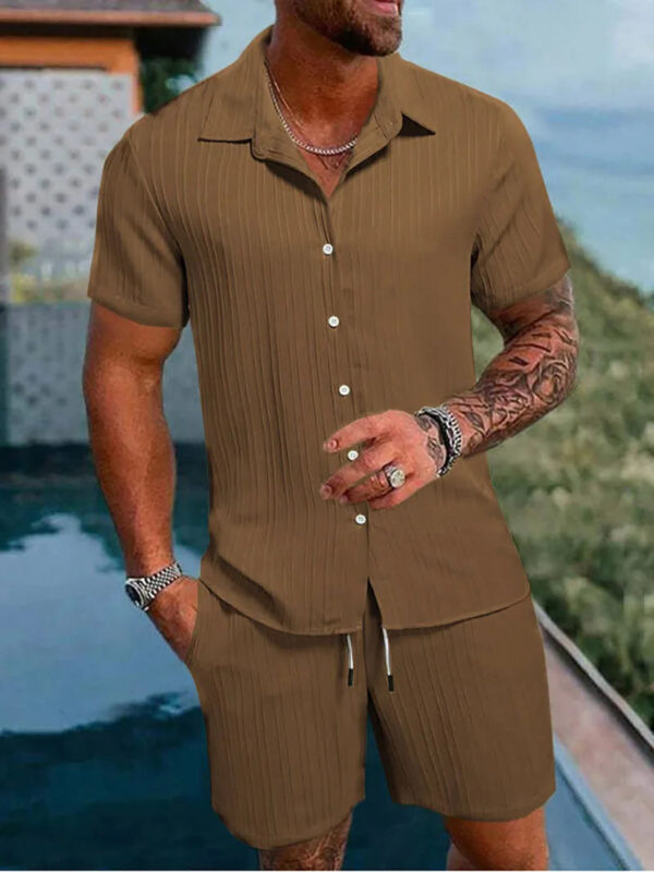 S6062330f09174800a374c52a36e6920eA.jpg Spring And Summer New Sports Men's Polo Casual Solid Color Loose Short-sleeved Drawstring Shorts Cardigan Striped Sports Suit