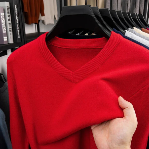 S60fbdc0b60d74e5a8358e0bb9ff35225D.jpg 2025 Men's V-Neck Basic Solid Color Sweatshirt Warm Autumn Knitted Oversize Pullover Elastic round Neck Sweater for Casual Wear