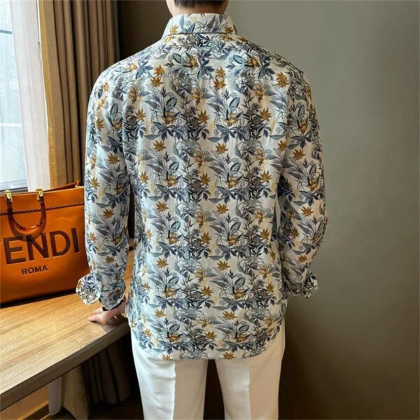 Men Clothing Korean Fashion Floral Print High Street Chic Shirt Spring Autumn Casual Long Sleeve Slim Fit Tops Camisas De Hombre