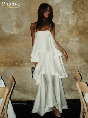 S63405c4059f84369b346cf4d6f53bd7c3.jpg Clacive Summer Loose White Women's Dress 2025 Fashion Strap Sleeveless Ankle Length Dresses Elegant Classic Pleated Female Dress