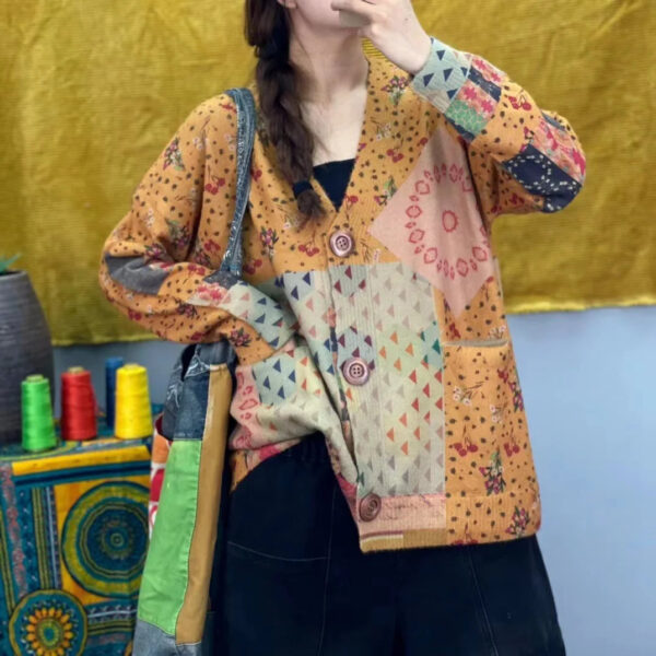 S641a04f9e0774776b801de35a63eaed8C.jpg Women Loose Sweater Ladies Colorful Patchwork V neck Jacket Knitted Outerwear Knit Tops Female Spring Autumn Sweater 2023