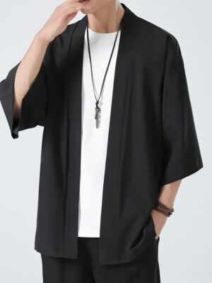 S663a5eb9963743ec9388457712ba7494Q.jpg Spring Summer Men's Japanese Kimono Shirts Casual Open Stitch Lightweight Fashion Solid Three Quarter Loose Couple Shirts M-5XL
