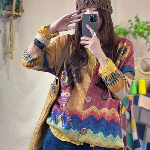 S67b6f3ff507341f4a52f855f9f0dc3b5n.jpg Women Loose Sweater Ladies Colorful Patchwork V neck Jacket Knitted Outerwear Knit Tops Female Spring Autumn Sweater 2023