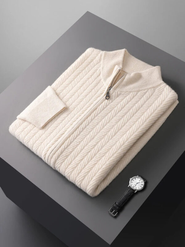 S680928674ecf46e0b0f8ae9df4783b39U.jpg Thick Men's Mock Neck Cardigan 100% Merino Wool Sweater Autumn Winter Smart Casual Cashmere Knitwear Jacquard Texture Clothing
