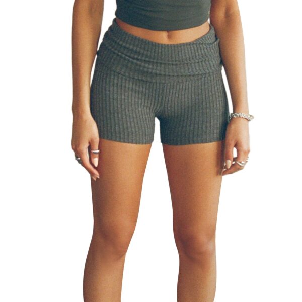 S6999014b8dc647198d728bb51c3c4d45c.jpg Summer Slim Knit Shorts for Women Solid Color Ribbed Fold Over Waist Skinny Short Pants for Yoga, Daily Wear