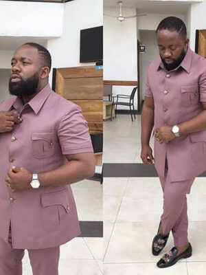 S69fb14e1e7c54bf09d6f3562669c4681e.jpg Summer Men's Suits Solid Color Short Sleeve Single Breasted Stand Lapel Casual Outfits 2 Piece Jacket Pants Set Slim Fit Terno