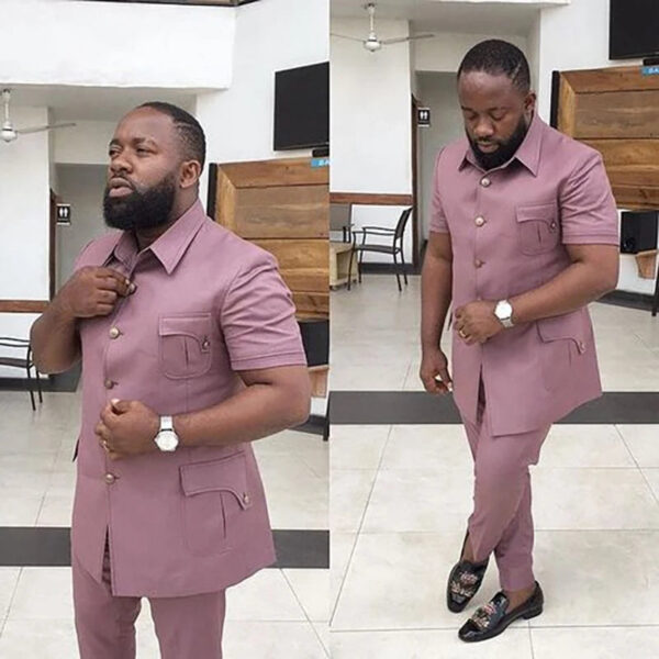 S69fb14e1e7c54bf09d6f3562669c4681e.jpg Summer Men's Suits Solid Color Short Sleeve Single Breasted Stand Lapel Casual Outfits 2 Piece Jacket Pants Set Slim Fit Terno